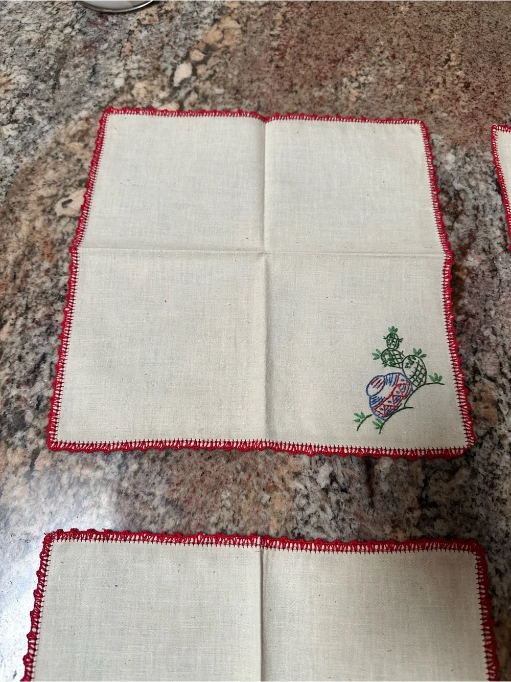 Embroidered Cactus Napkin Set with Red Crochet Edge